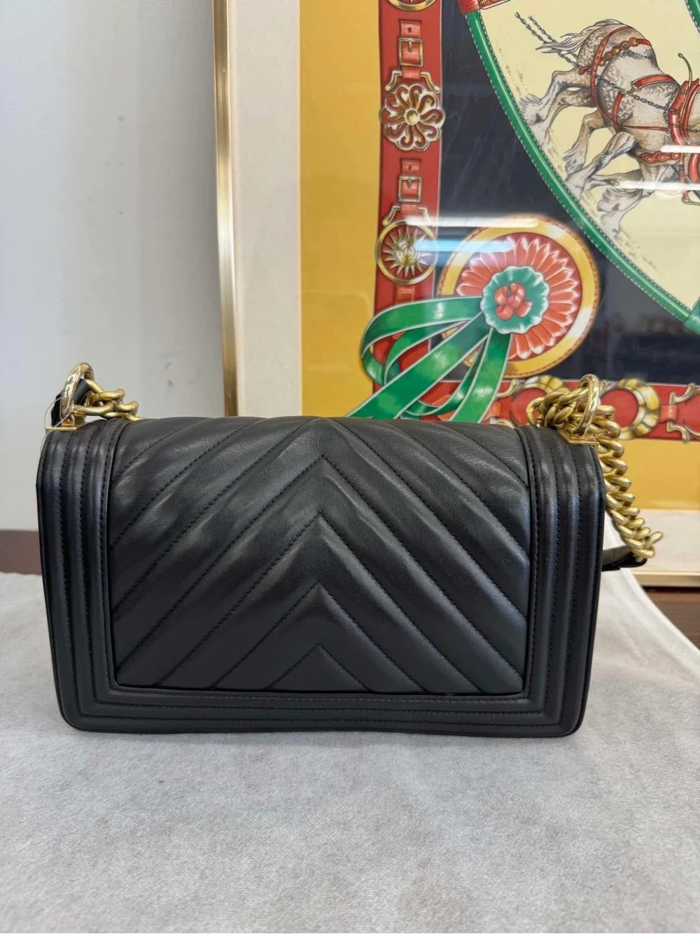 CHANEL Black Chevron Lambskin LeBoy Shoulder Bag with Gold Hardware